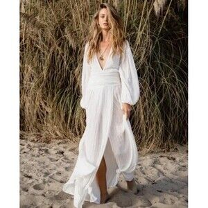 AYA Lapis Maxi Dress Cotton Gauze V Neck Slit Flowy Ivory Size M
